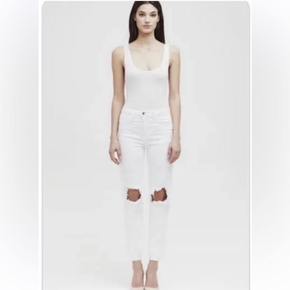 L’AGENCE Audrina Straight Leg High Rise Blanc Worn Destruct Jeans Size 27